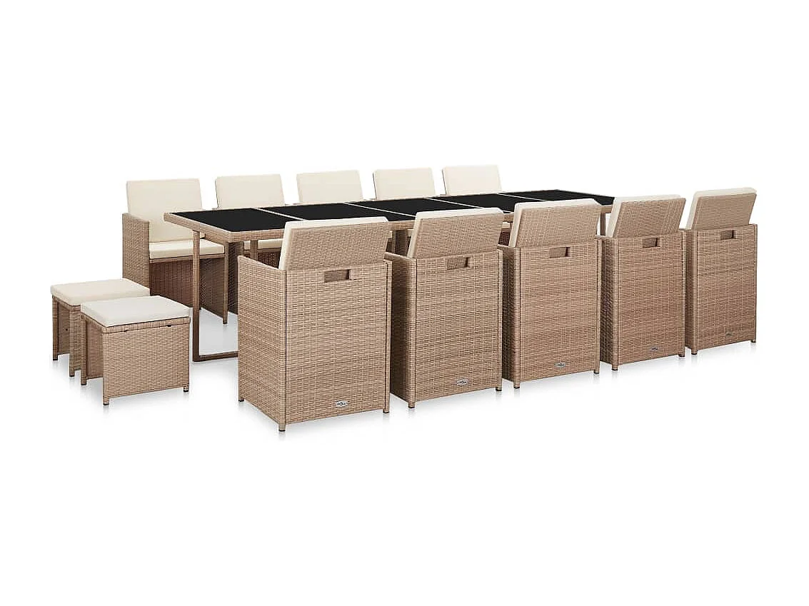 Set da Pranzo da Giardino 15 pz con Cuscini in Polyrattan Beige