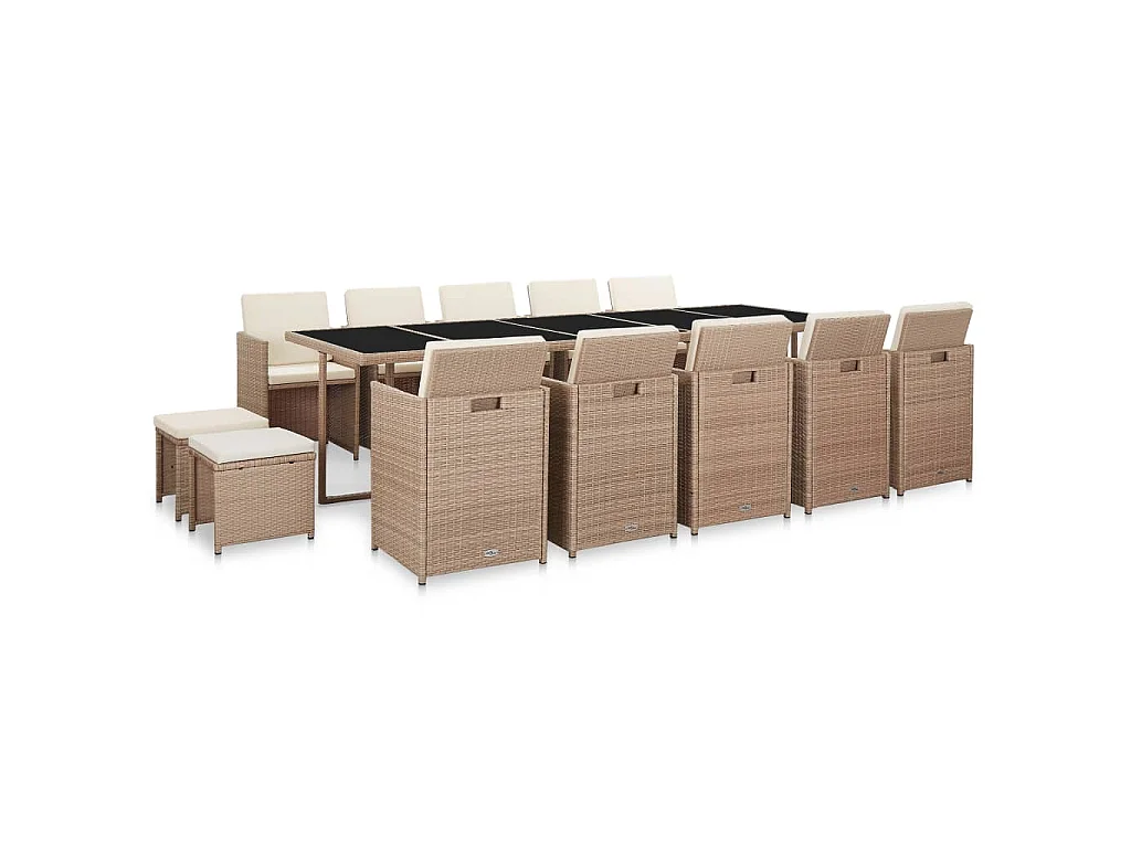 Ensemble à manger d'extérieur avec coussins 15 pcs Rotin Beige