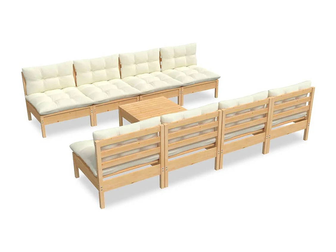9 pcs conjunto lounge jardim c/ almofadões creme pinho maciço