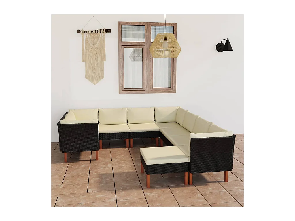Salon de jardin 9 pcs avec coussins Résine tressée Noir