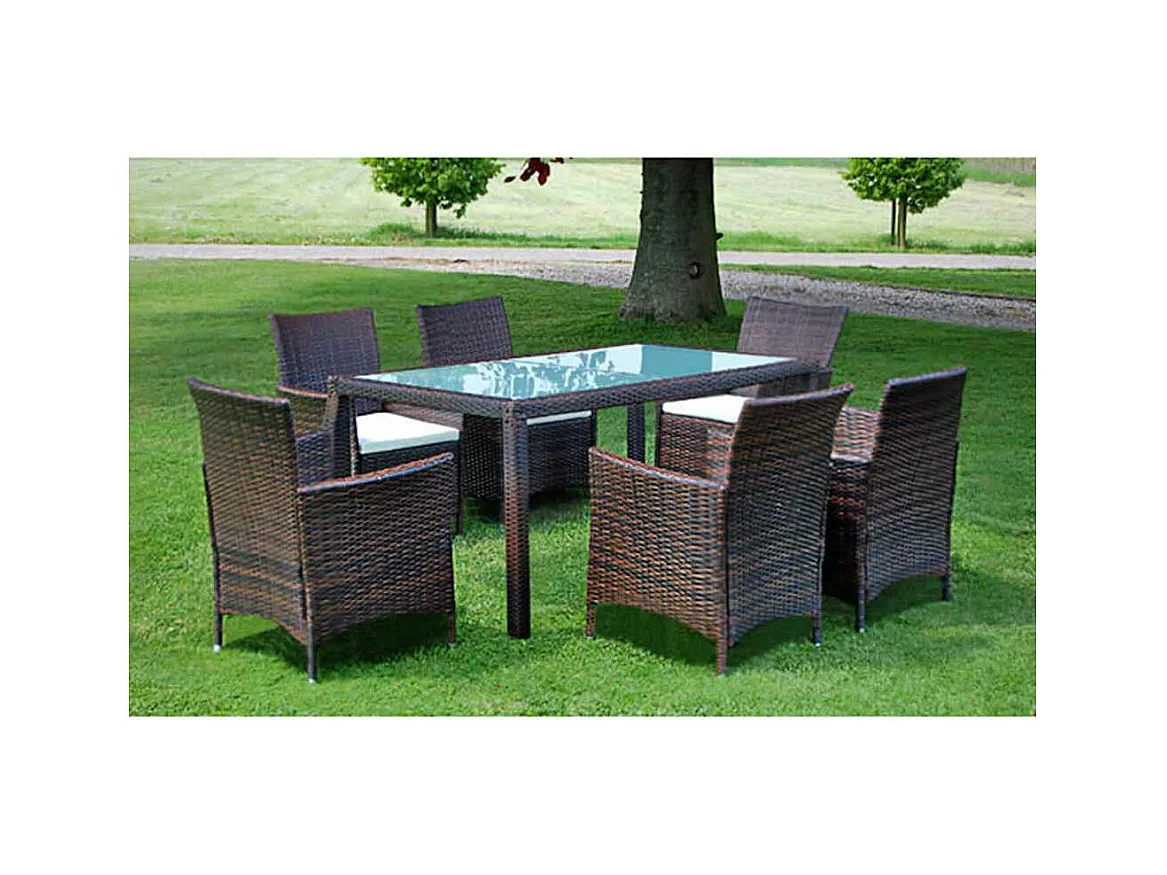 Ensemble à manger d'extérieur 7 pcs et coussins Résine tressée