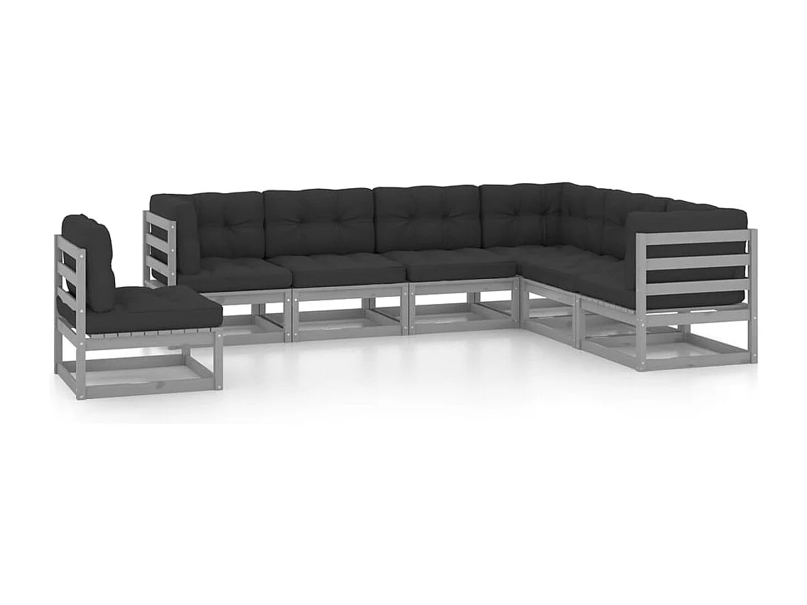 Set Divani da Giardino 7 pz Grigio Cuscini Massello di Pino