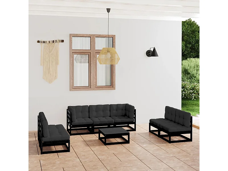 8 pcs conjunto longue de jardim c/ almofadões pinho maciço