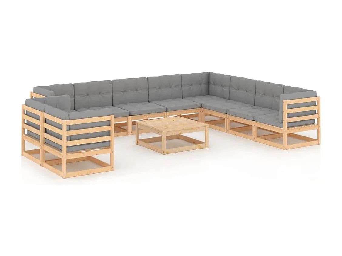 11 pcs conjunto lounge de jardim c/ almofadões pinho maciço