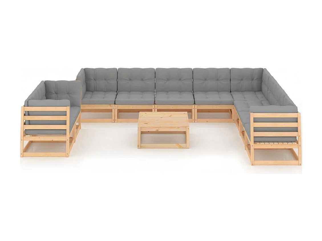 11 pcs conjunto lounge de jardim c/ almofadões pinho maciço
