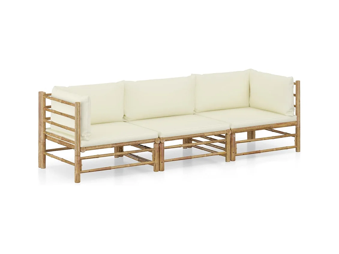 Salon de jardin 3 pcs avec coussins blanc crème bambou