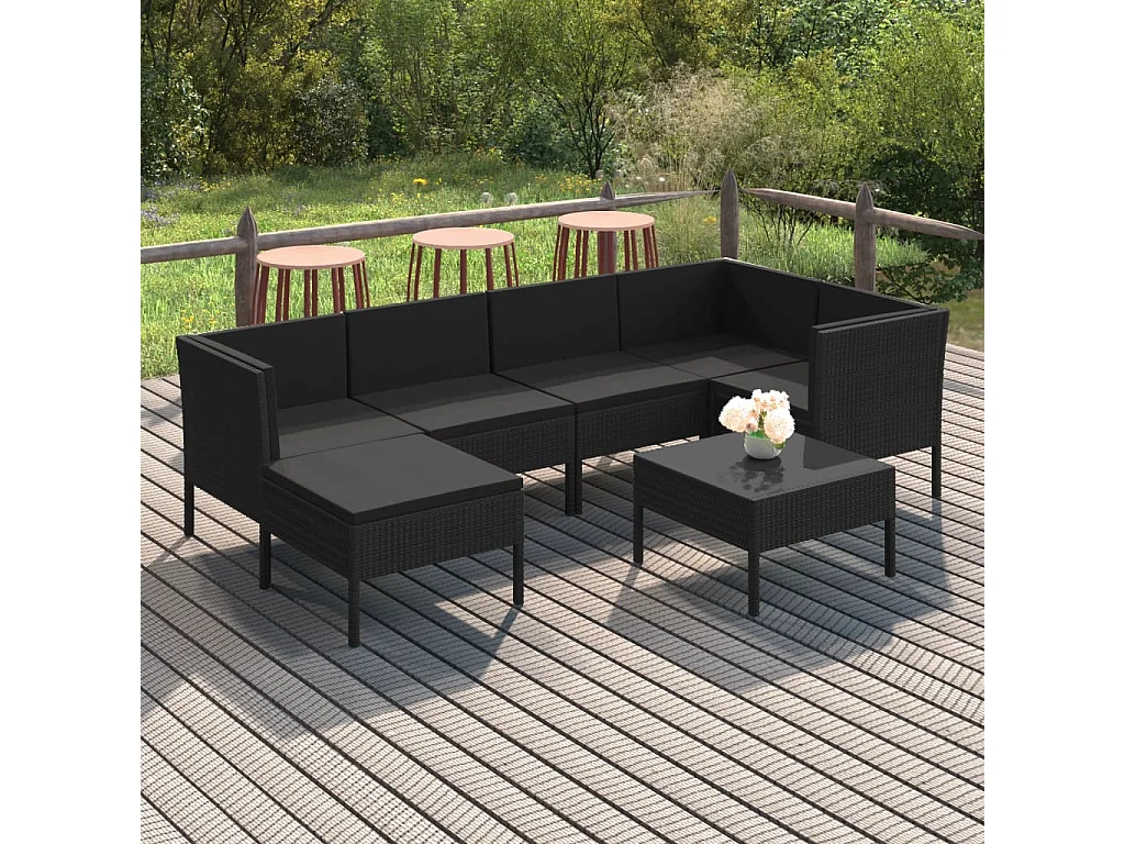 Salon de jardin 7 pcs avec coussins Résine tressée Noir