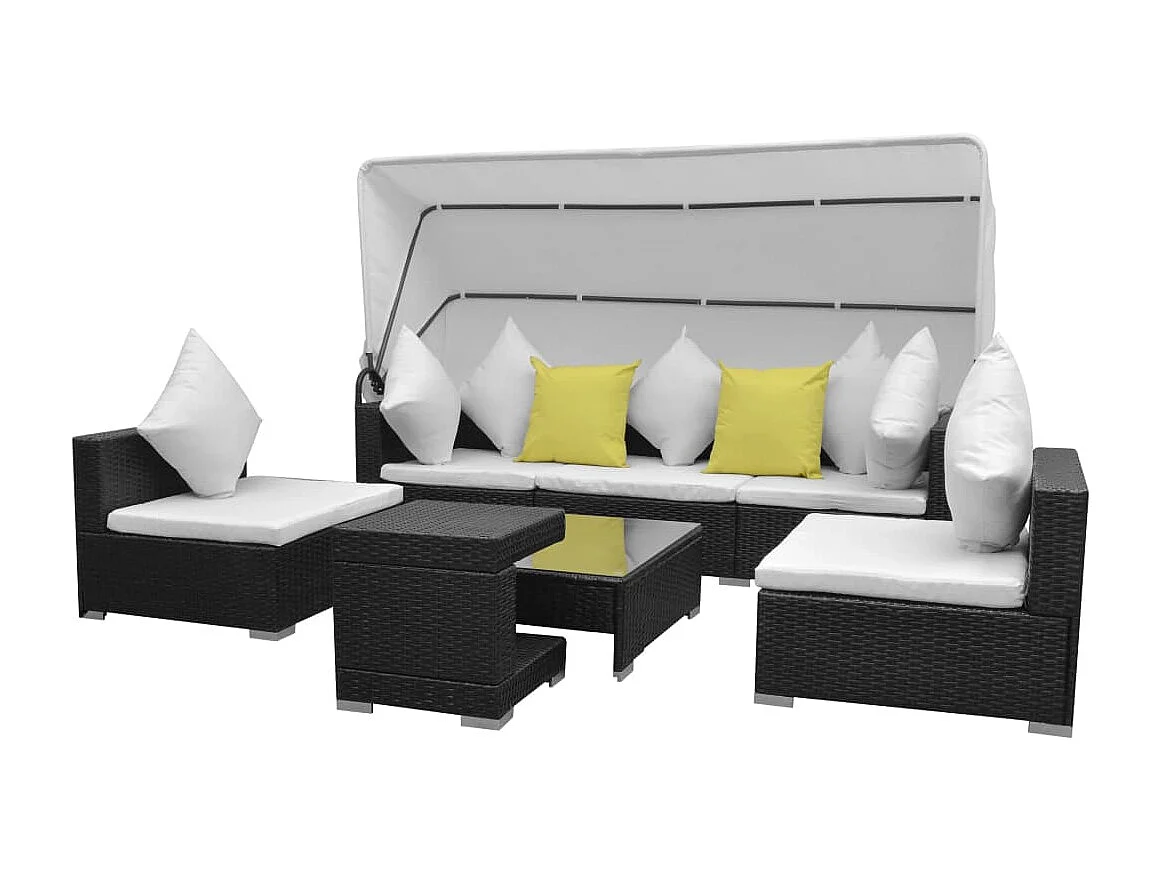 7-delige Loungeset met luifel poly rattan zwart