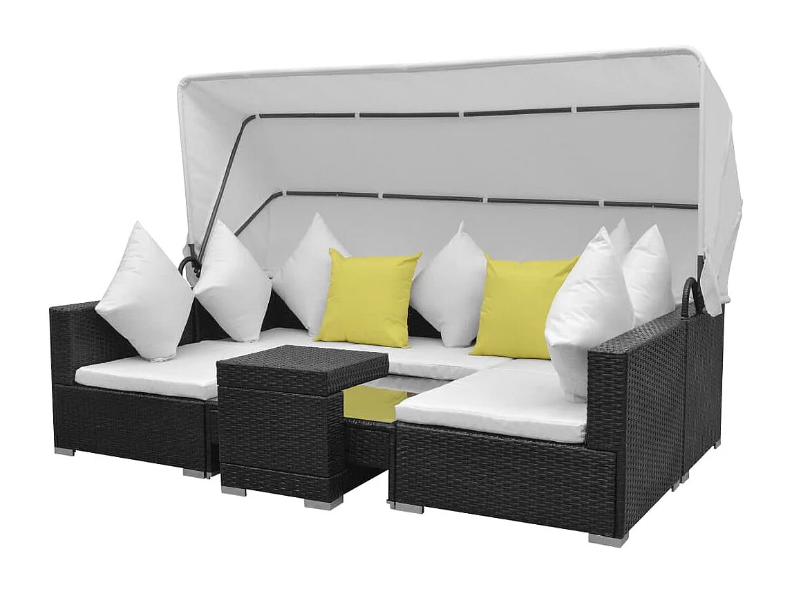 7-delige Loungeset met luifel poly rattan zwart