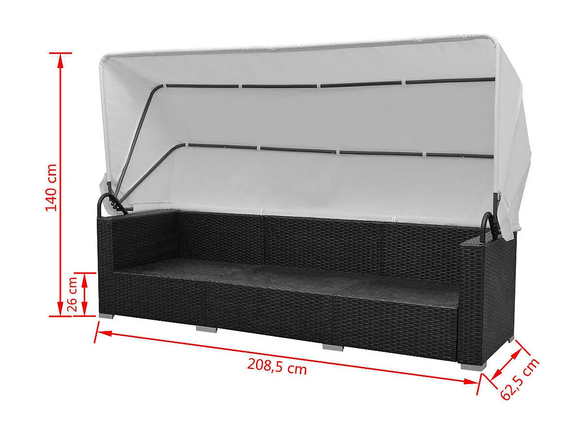 7-delige Loungeset met luifel poly rattan zwart