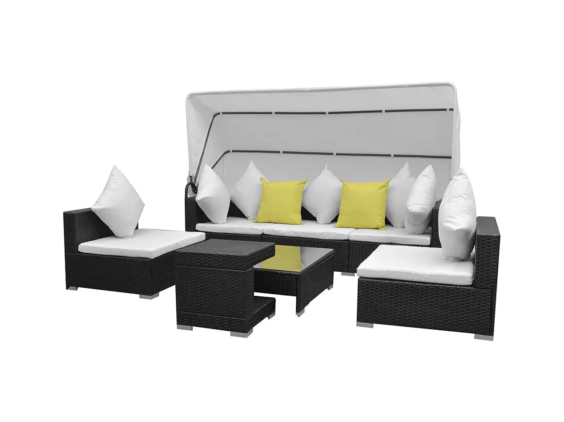 7-tlg. Garten-Lounge-Set mit Sonnendach Poly Rattan Schwarz