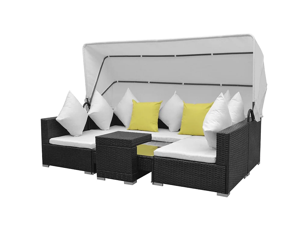 7-tlg. Garten-Lounge-Set mit Sonnendach Poly Rattan Schwarz
