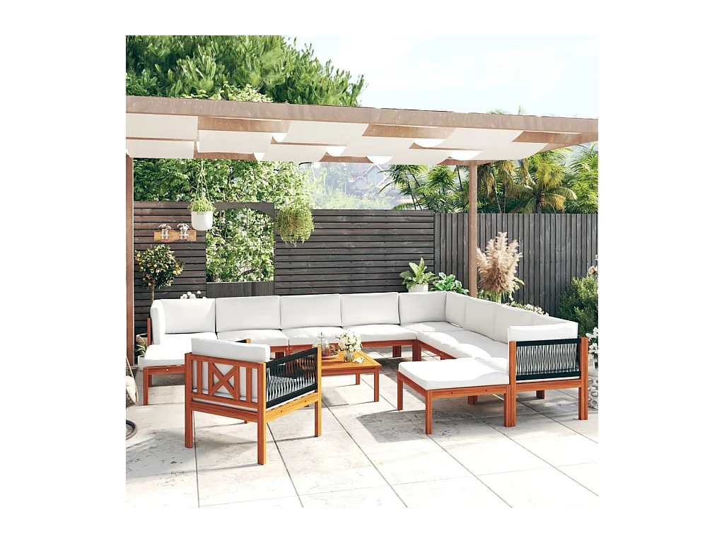 Set da giardino 12 pezzi con cuscini in legno crema, acacia e corda