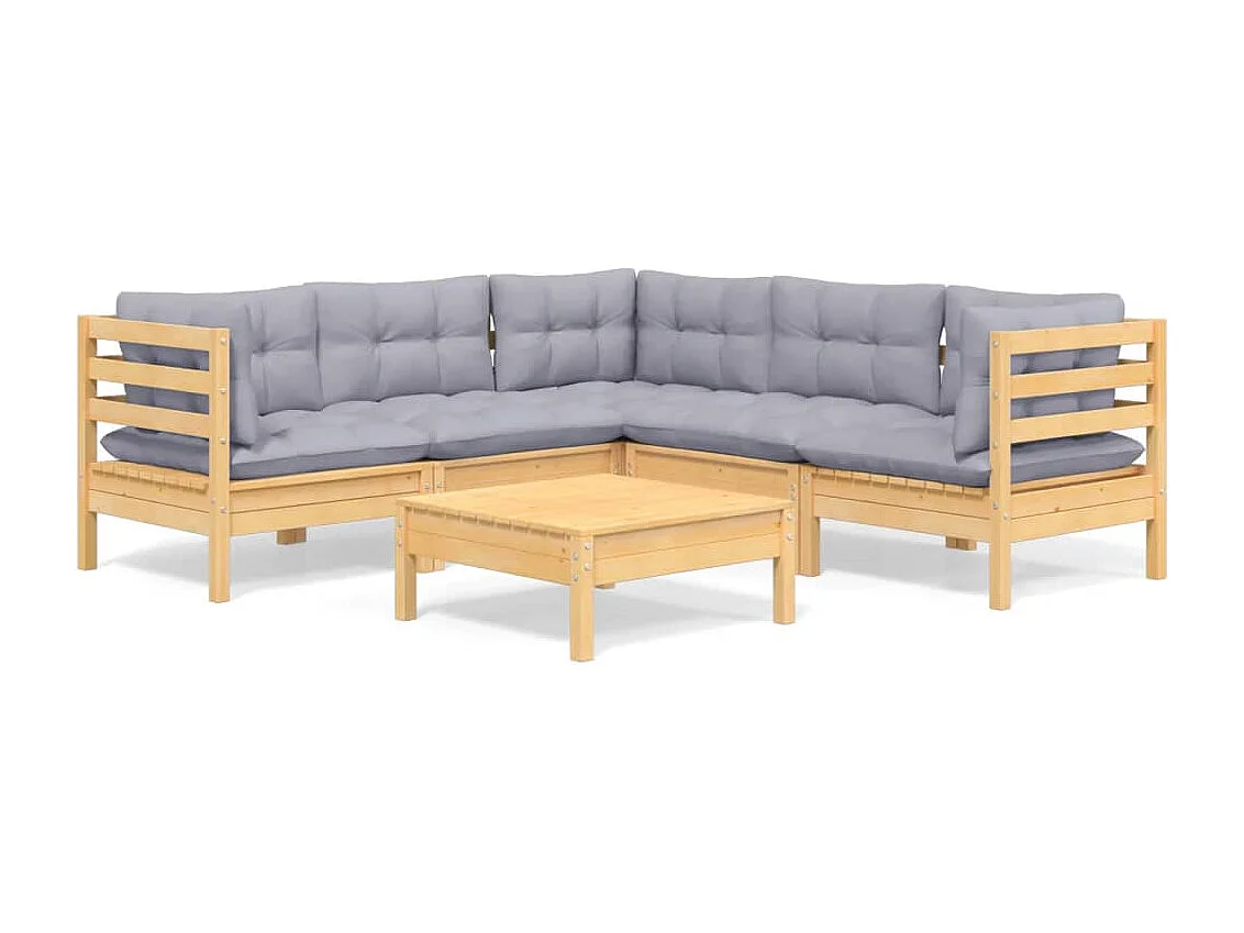 Salon de jardin 6 pcs avec coussins gris Bois de pin massif