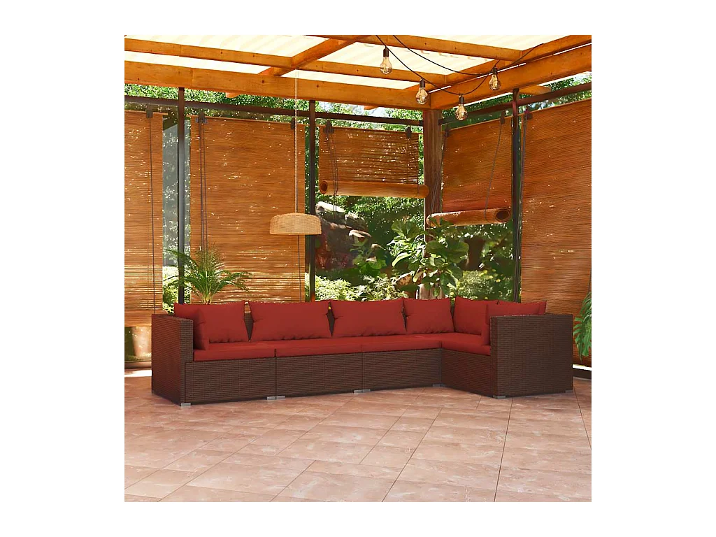Set Divani da Giardino 5 pz con Cuscini in Polyrattan Marrone
