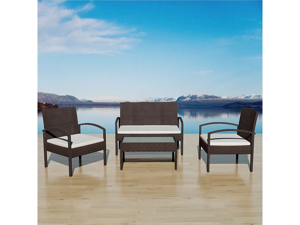 Salon de jardin 4 pcs avec coussins Résine tressée Marron