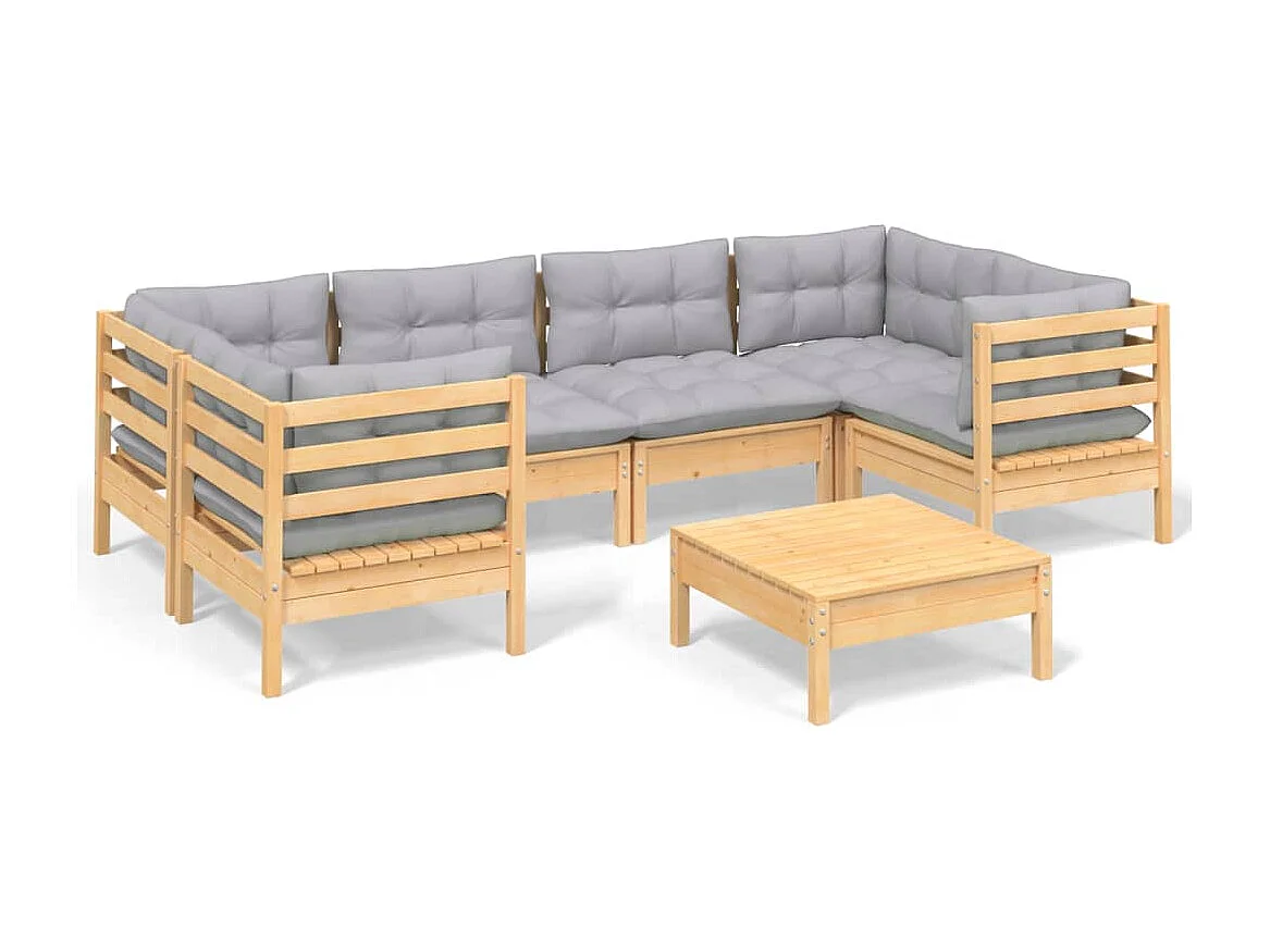 Salon de jardin 7 pcs avec coussins gris bois de pin