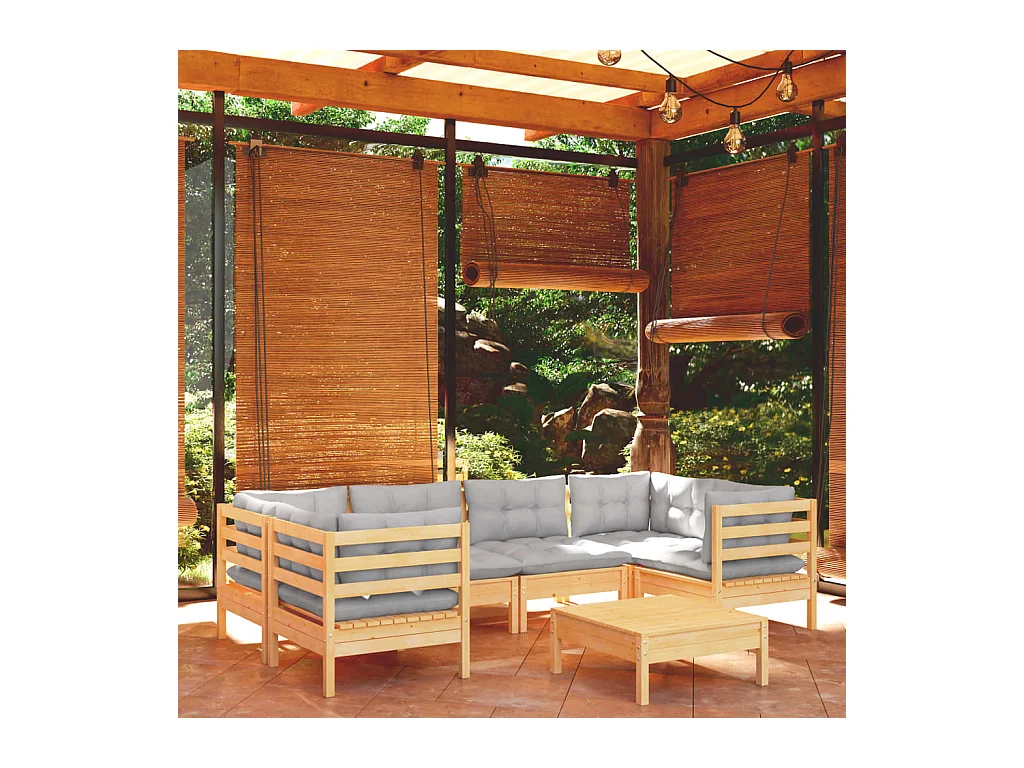Salon de jardin 7 pcs avec coussins gris bois de pin