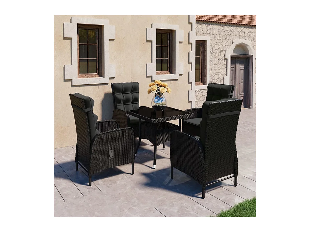 Ensemble à dîner de jardin 5 pcs Résine tressée et verre Noir