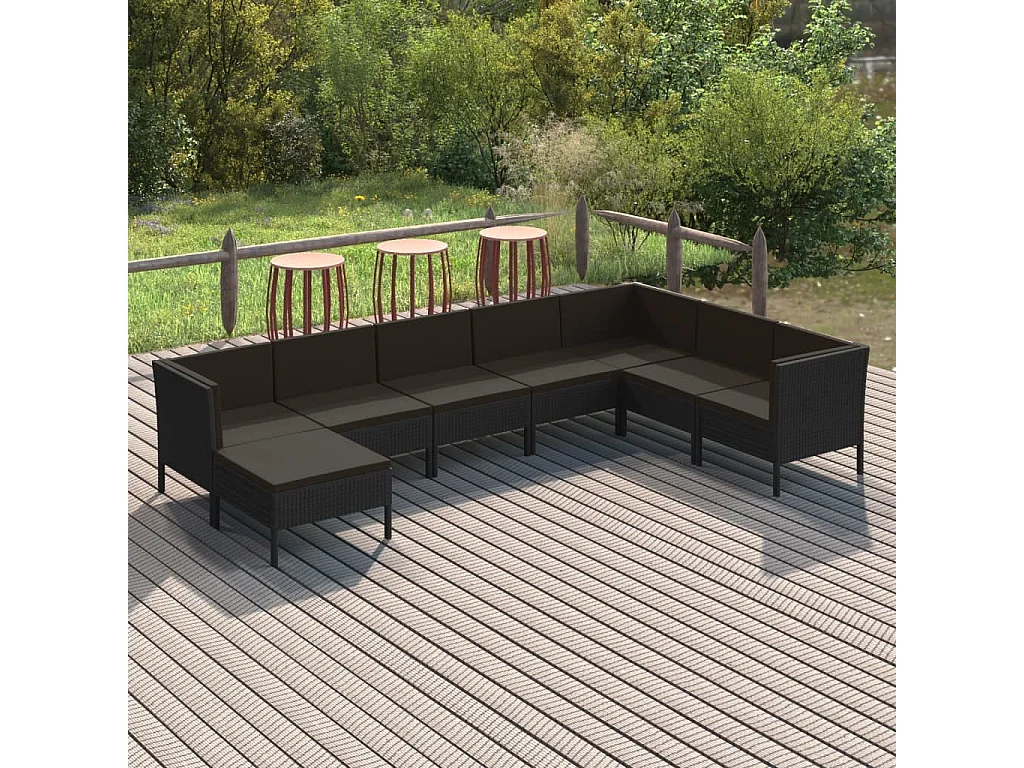 Salon de jardin 8 pcs avec coussins résine tressée noir