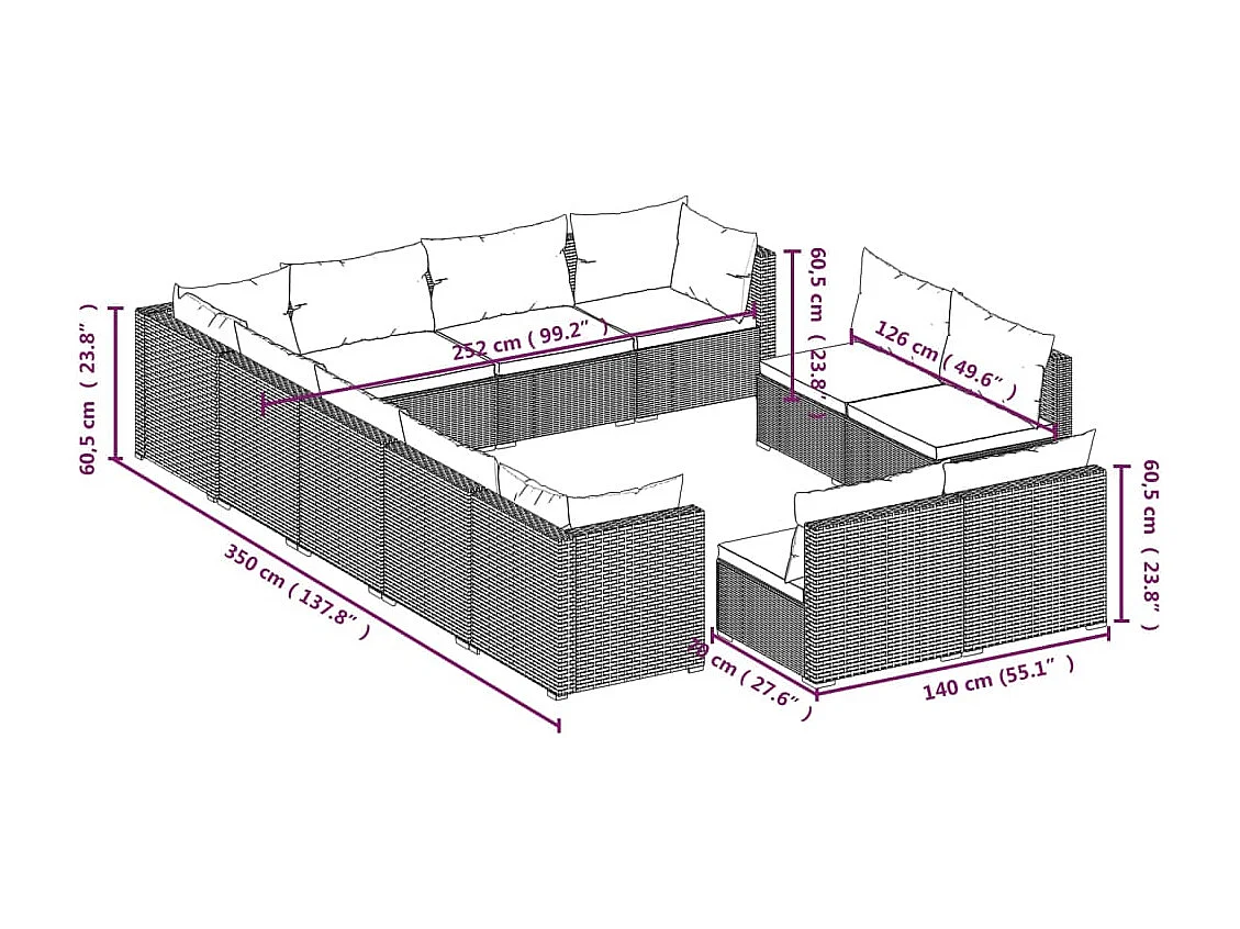 Salon de jardin 12 pcs avec coussins Marron Résine tressée