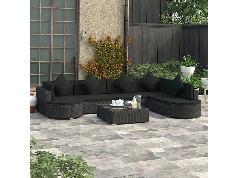 8 pcs conjunto lounge de jardim c/ almofadões vime PE preto