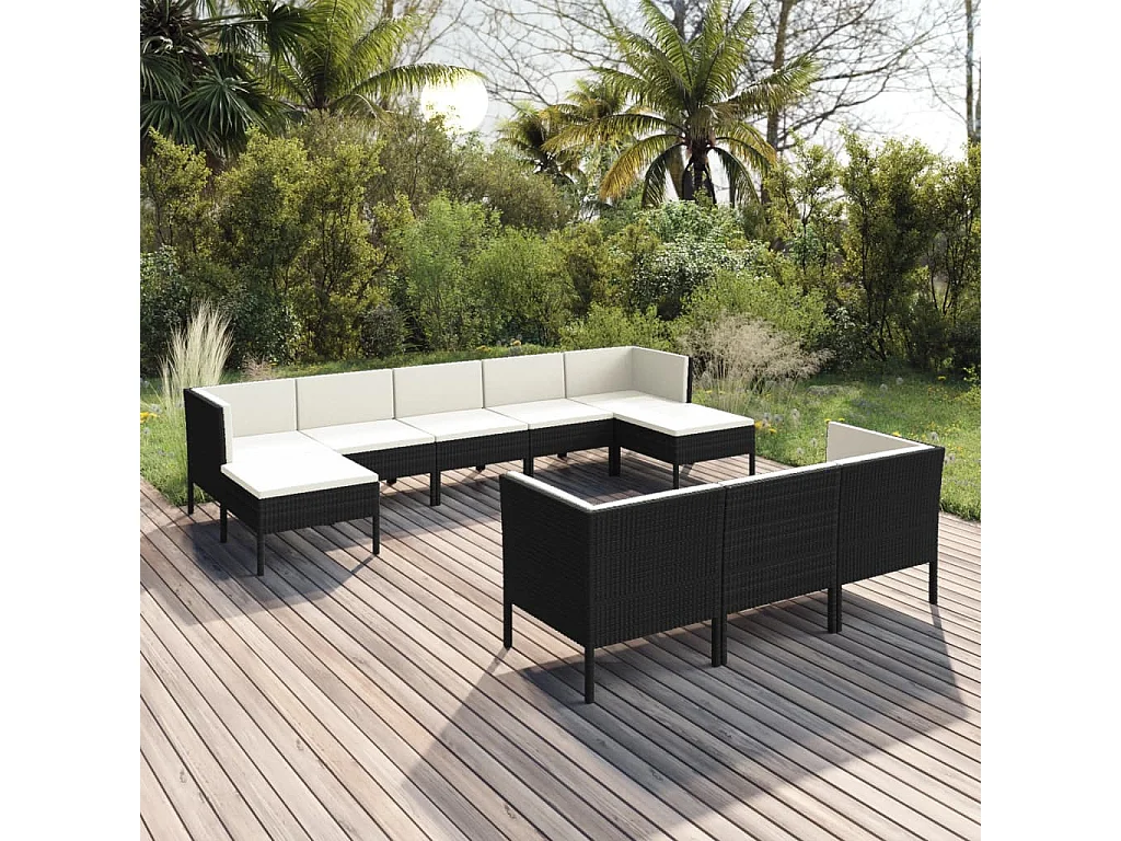 10-delige Loungeset met kussens poly rattan zwart