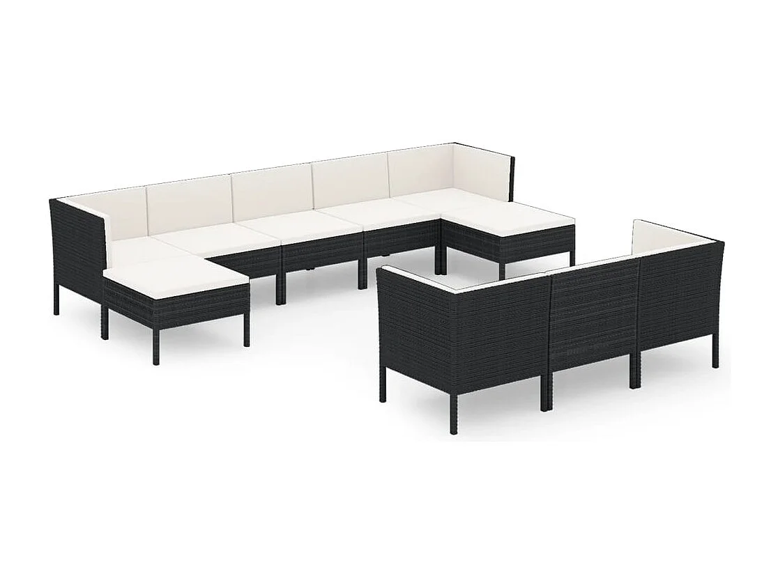 10-delige Loungeset met kussens poly rattan zwart