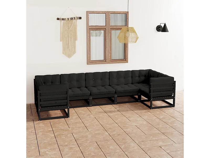 7pcs conjunto longue de jardim c/ almofadões pinho maciço preto