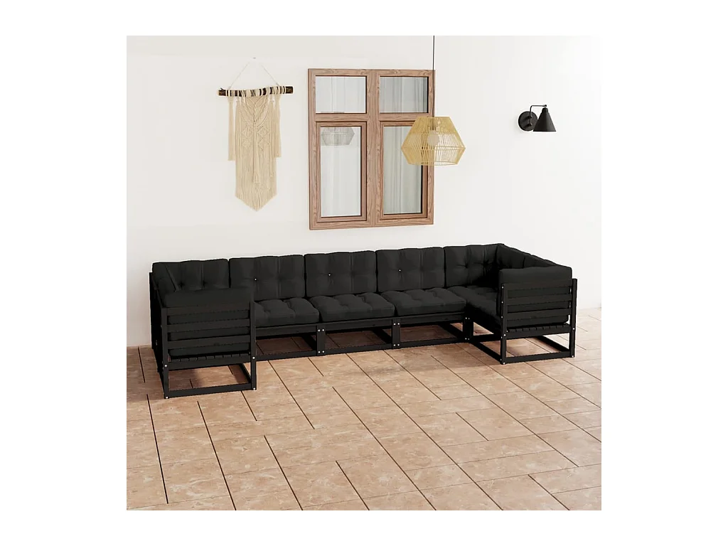 7-delige Loungeset met kussens massief grenenhout zwart