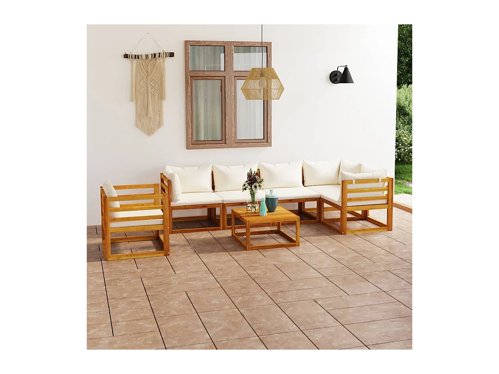 Salon de jardin 7 pcs avec coussin Crème Bois d'acacia solide