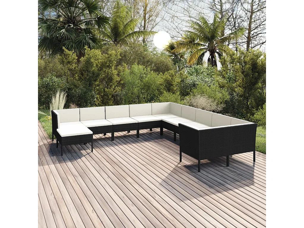 11-tlg. Garten-Lounge-Set mit Auflagen Poly Rattan Schwarz
