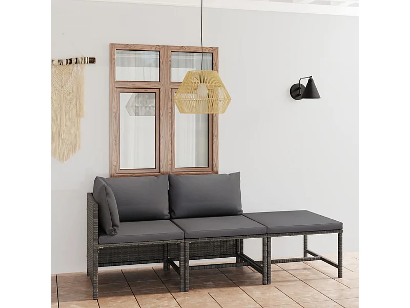3-tlg. Garten-Lounge-Set mit Kissen Poly Rattan Grau
