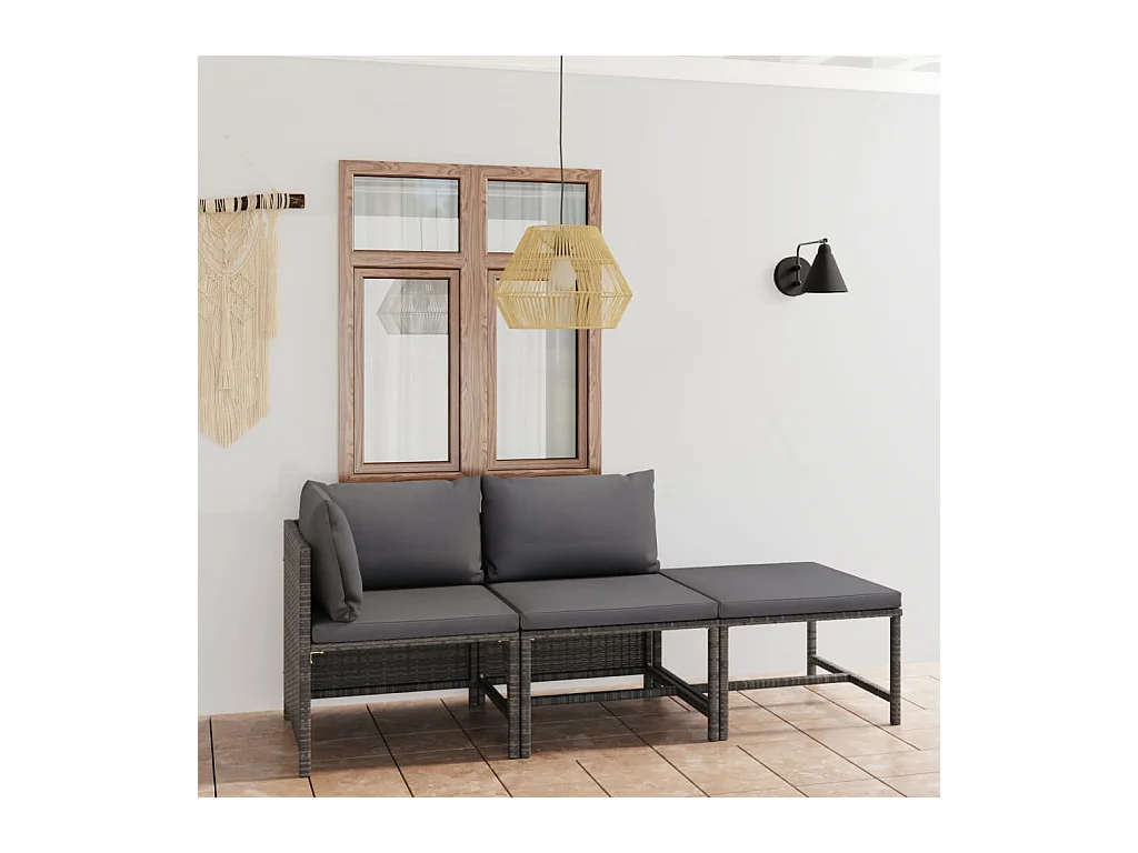 Set Divani da Giardino 3 pz con Cuscini in Polyrattan Grigio