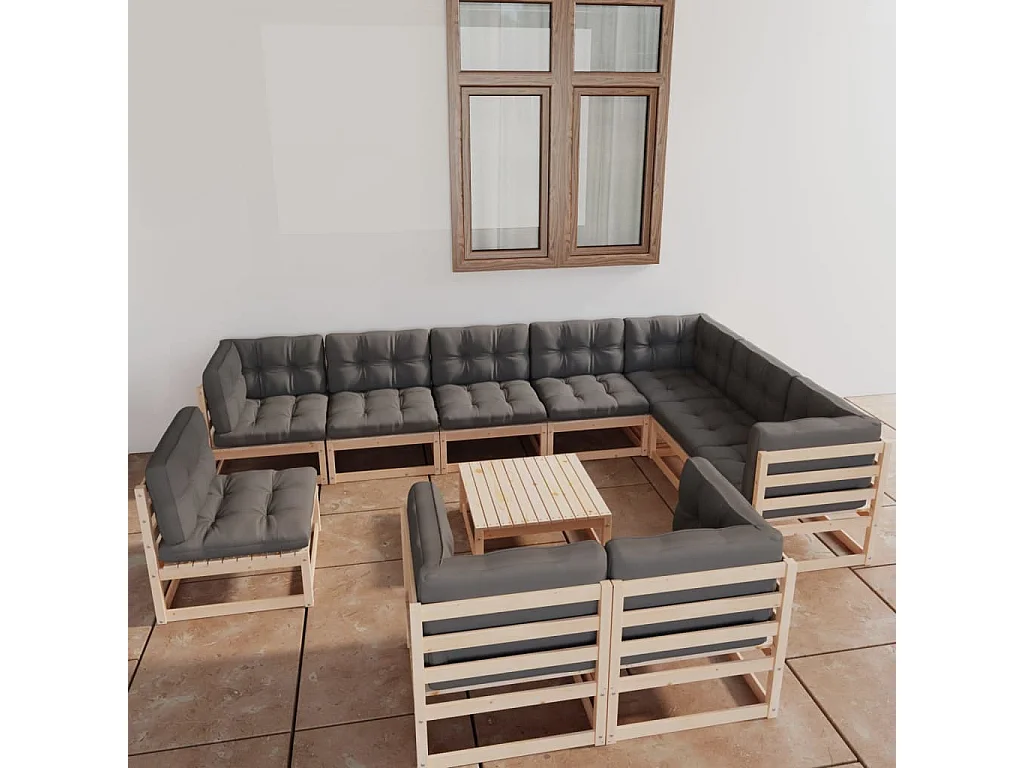 11-tlg. Garten-Lounge-Set mit Kissen Kiefer Massivholz
