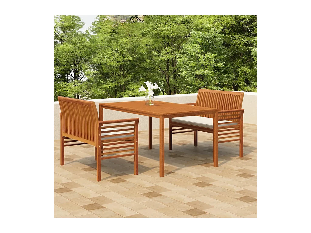 Ensemble à manger d'extérieur 3 pcs et coussins Acacia solide