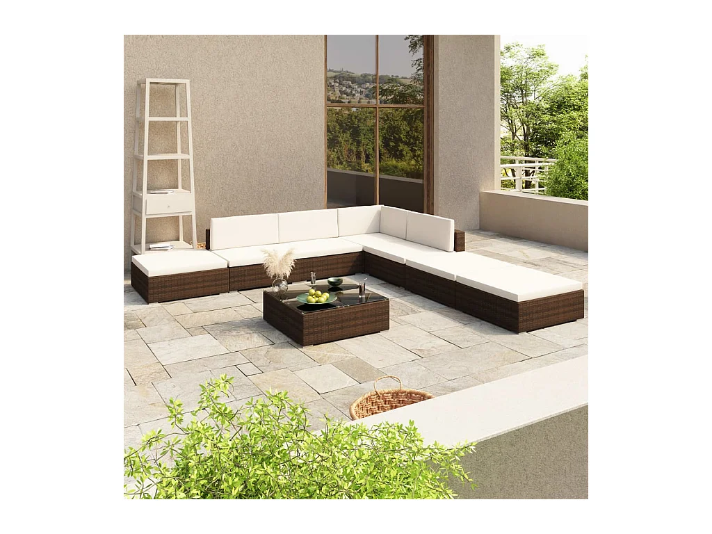 8-delige Loungeset met kussens poly rattan bruin