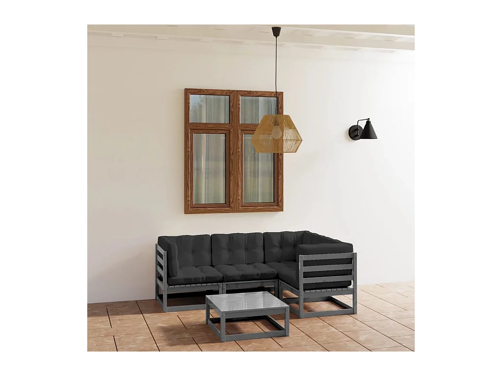 Set Divani da Giardino 5 pz con Cuscini Legno Massello di Pino
