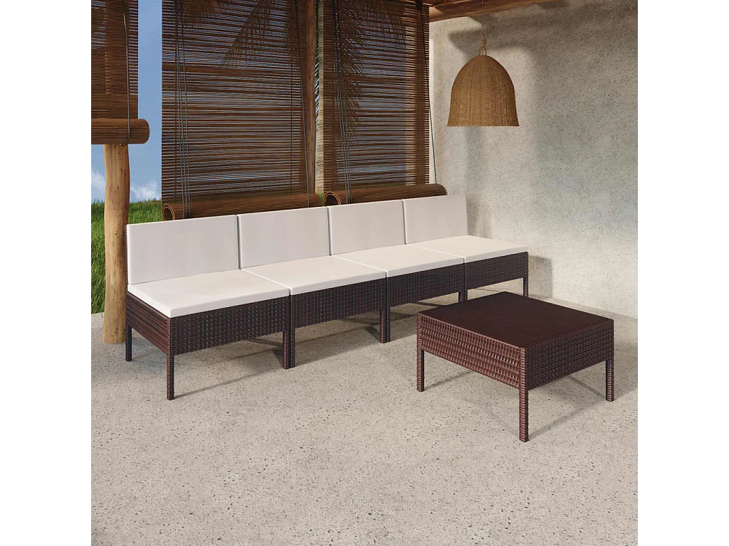 5-tlg. Garten-Lounge-Set mit Auflagen Poly Rattan Braun
