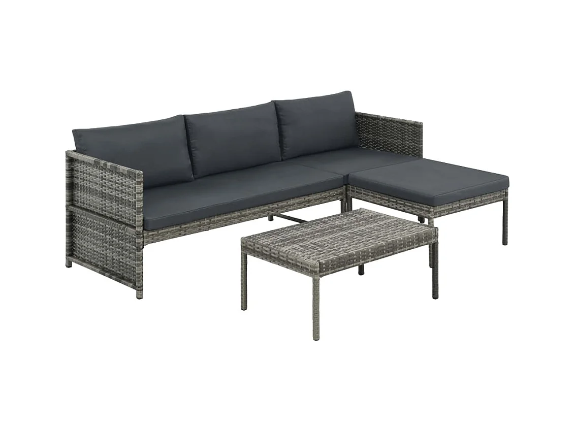 3-delige Loungeset met kussens poly rattan grijs