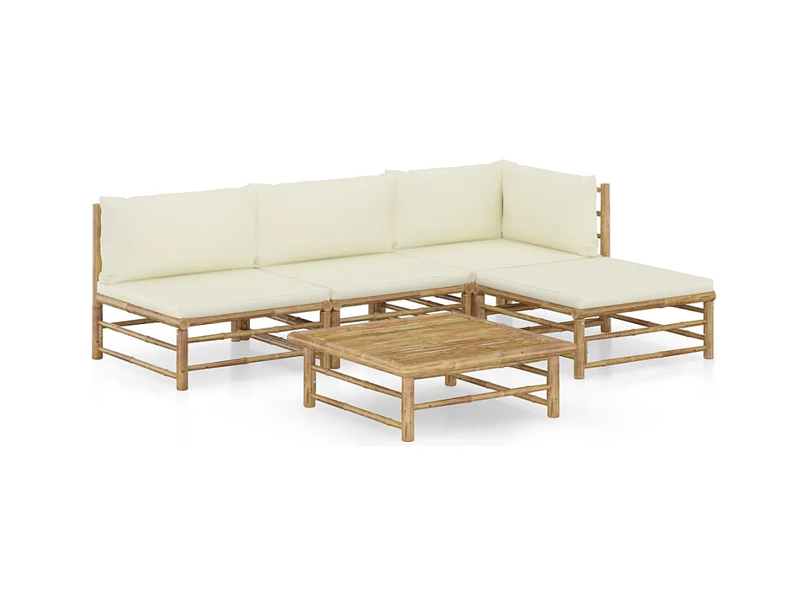 Salon de jardin 5 pcs avec coussins blanc crème bambou