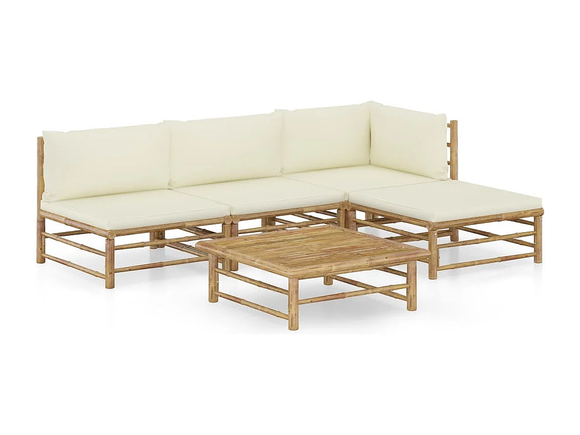 Salon de jardin 5 pcs avec coussins blanc crème bambou