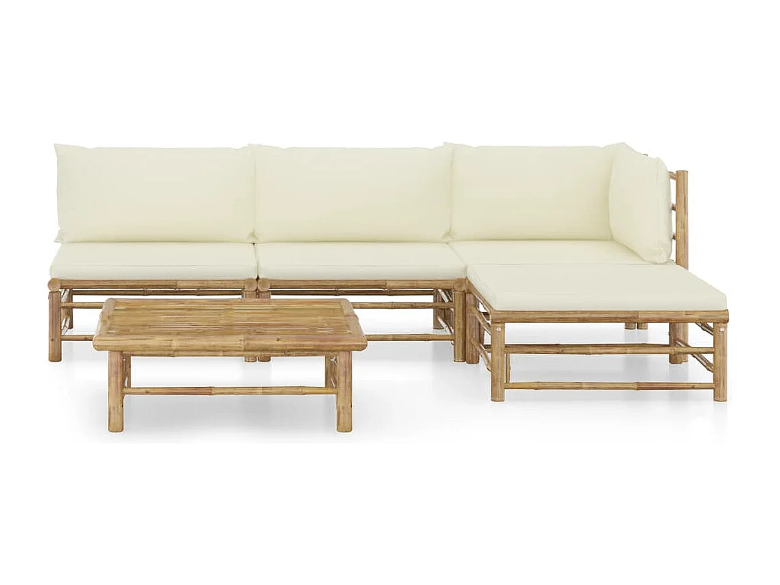 Salon de jardin 5 pcs avec coussins blanc crème bambou