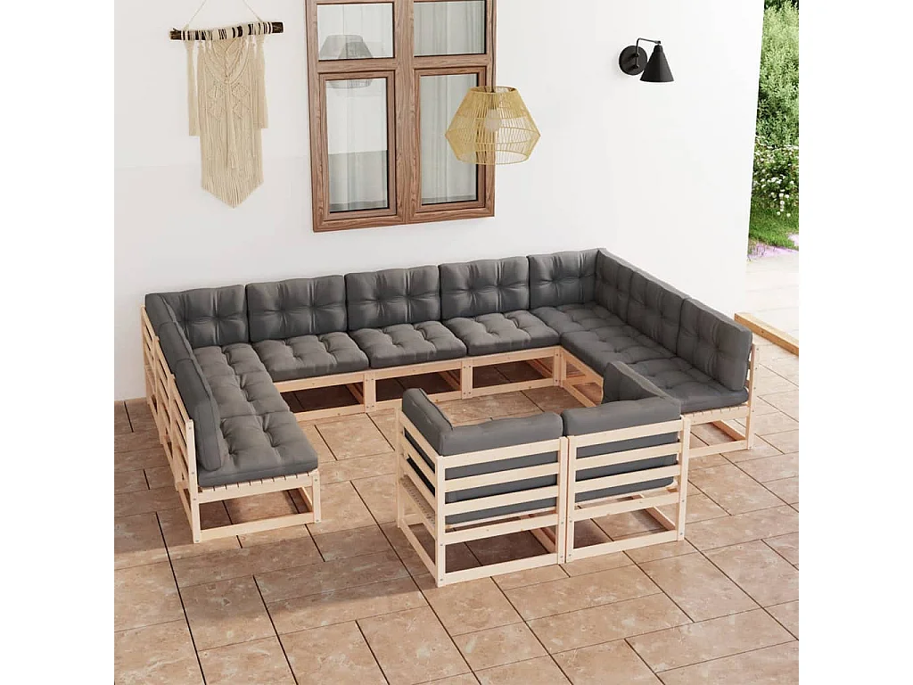11-tlg. Garten-Lounge-Set mit Kissen Kiefer Massivholz