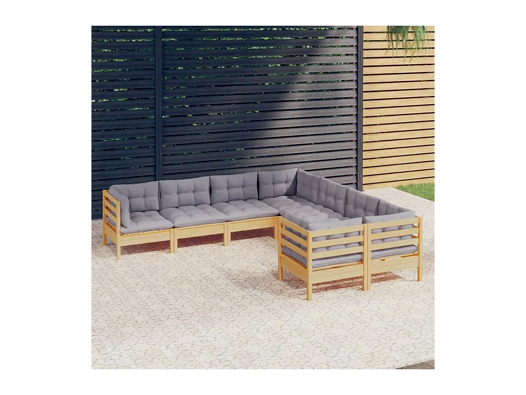 Salon de jardin 8 pcs avec coussins gris Bois de pin massif