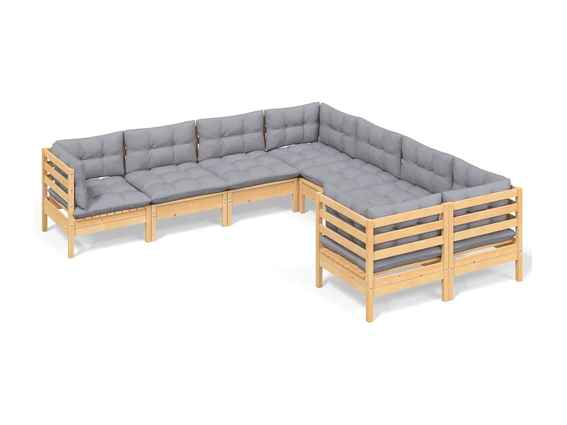 8-delige Loungeset met grijze kussens massief grenenhout