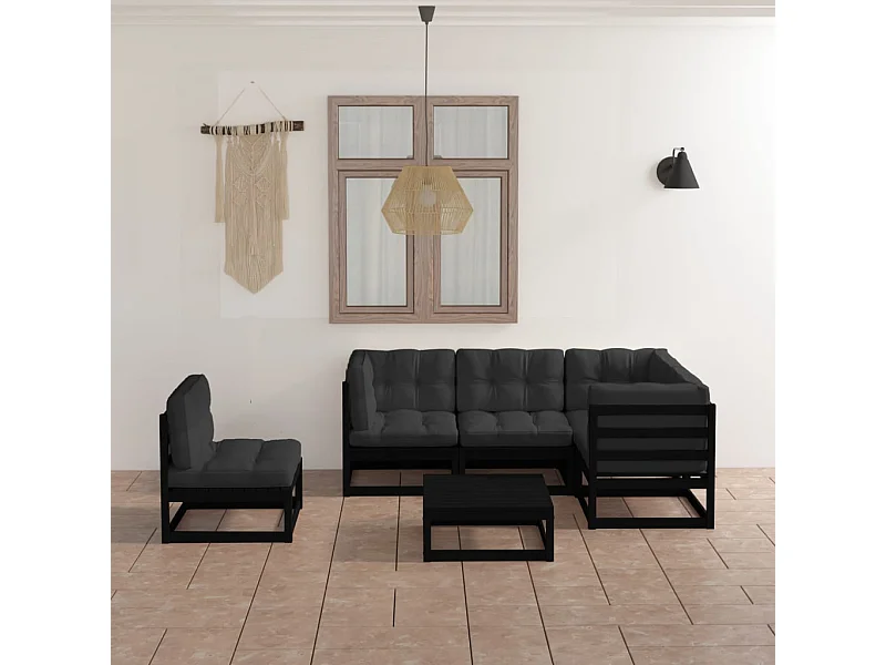 Juego de muebles de jardín 6 pzas y cojines madera pino maciza