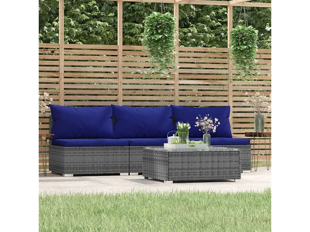 4-tlg. Garten-Lounge-Set mit Kissen Grau Poly Rattan