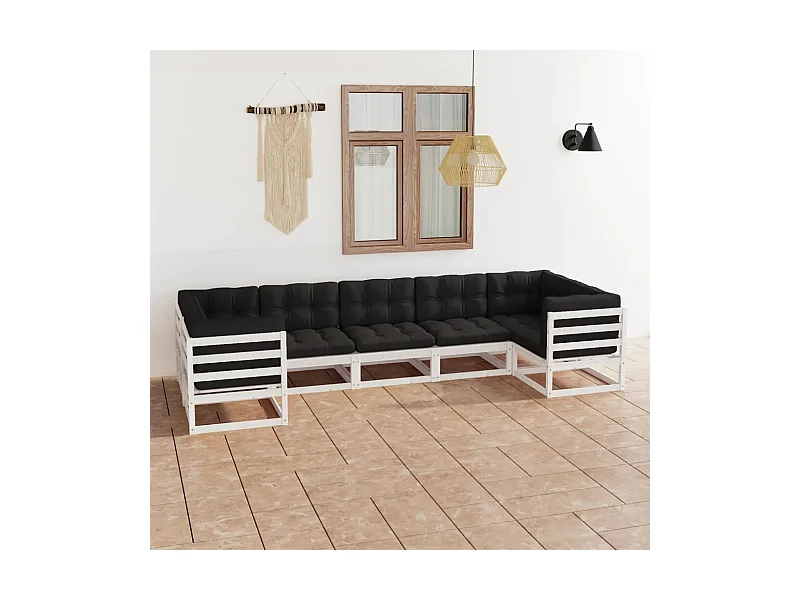 Set Salotto Giardino 7pz con Cuscini Bianco Legno Massello Pino