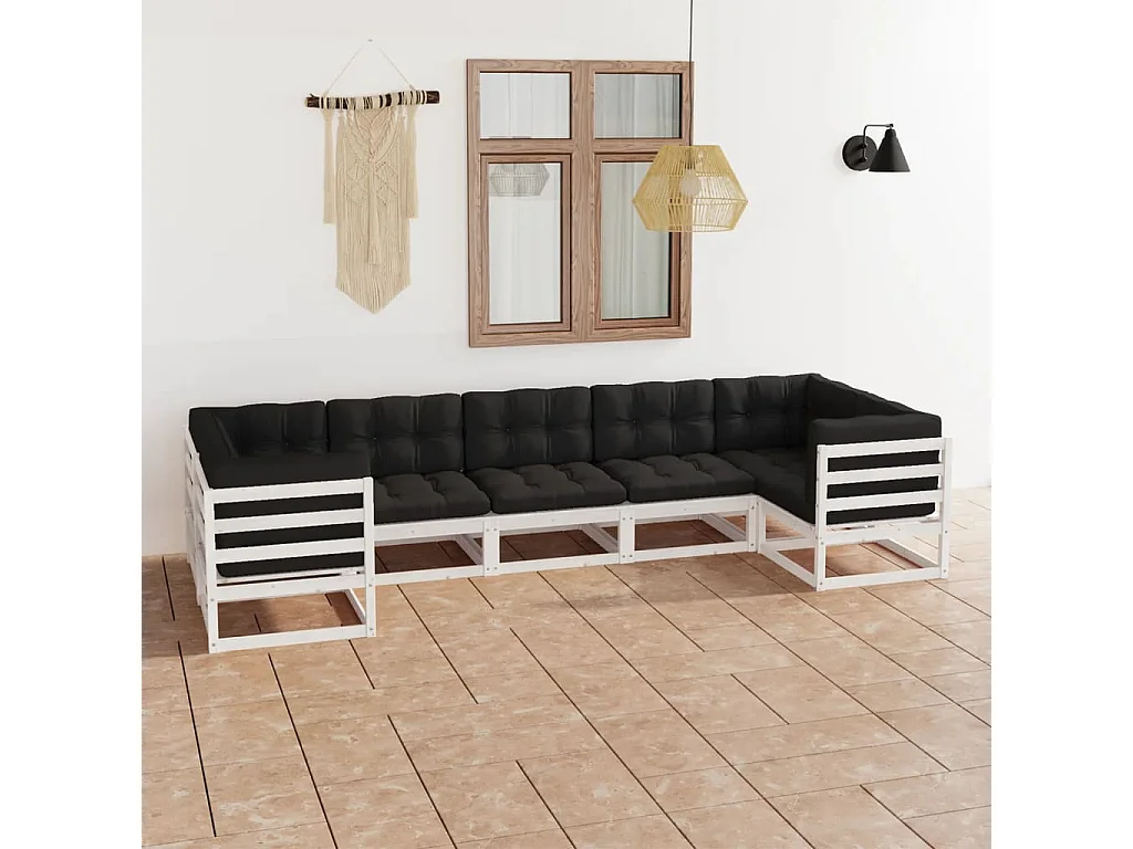 Salon de jardin 7 pcs avec coussins blanc bois de pin massif